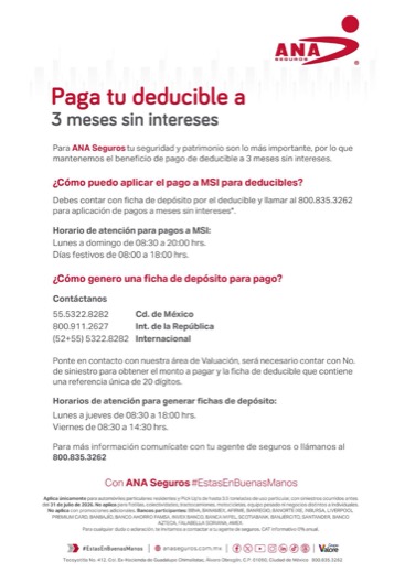 Flyer oficial ANA Seguros: paga tu deducible a 3 meses sin intereses